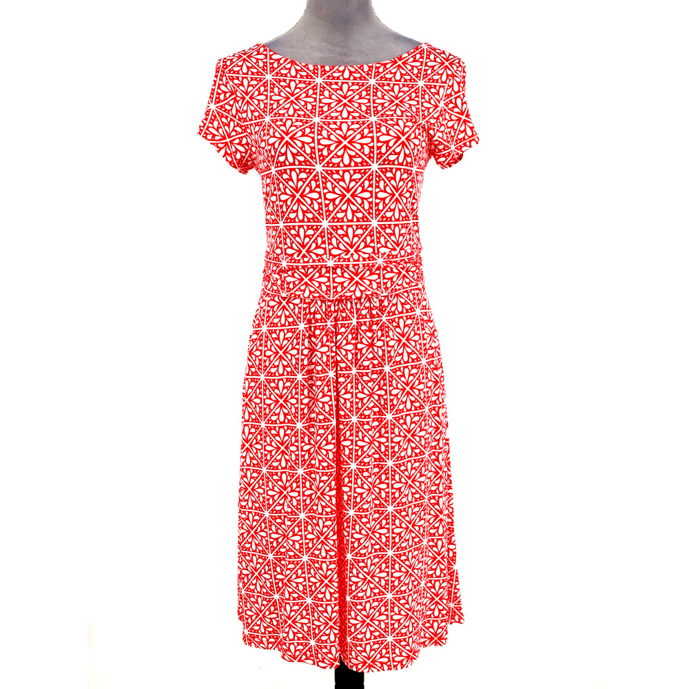 Boden Dress Womens 6 Red Ivory Print Stretch Knit Pockets Fit n Flare Resort